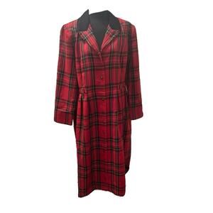 VTG 80 Red Plaid Coat Dress Maxi Gold Buttons Velvet Black Collar Melissa Harper